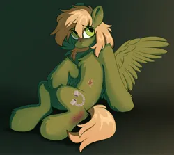 Size: 3200x2860 | Tagged: safe, artist:crimmharmony, derpibooru import, oc, oc:murky, unofficial characters only, pegasus, pony, fallout equestria, fallout equestria: murky number seven, belly, belly fluff, blushing, chest fluff, eye clipping through hair, eyebrows, eyebrows visible through hair, fanfic art, gradient background, hock fluff, image, jpeg, leg fluff, partially open wings, pegasus oc, scar, sitting, solo, wings