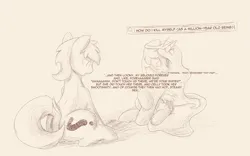 Size: 1299x809 | Tagged: suggestive, artist:ricy, derpibooru import, princess celestia, oc, oc:anon stallion, alicorn, earth pony, pony, book, dialogue, dock, earth pony oc, embarrassed, female, horn, image, looking away, male, mare, monochrome, png, reading, sitting, stallion, tail, wings