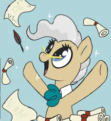 Size: 1850x2030 | Tagged: safe, artist:t72b, derpibooru import, mayor mare, earth pony, pony, female, glasses, image, mare, open mouth, paperwork, png, quill, raised arms, scroll, simple background, snowpity, solo, sparkles