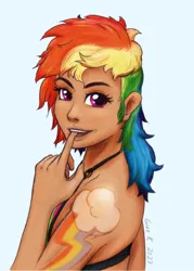 Size: 1000x1400 | Tagged: safe, artist:grayk, derpibooru import, rainbow dash, human, alternative cutie mark placement, bikini, bikini top, biting, breasts, bust, busty rainbow dash, clothes, cutie mark tattoo, dark skin, derpibooru exclusive, finger bite, finger in mouth, humanized, image, jpeg, looking at you, looking over shoulder, signature, simple background, swimsuit, tattoo