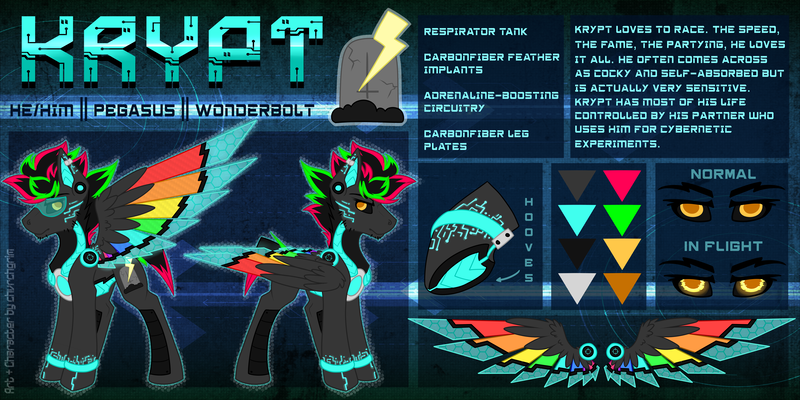Size: 6000x3000 | Tagged: safe, artist:chvrchgrim, derpibooru import, oc, oc:krypt, unofficial characters only, cyborg, augmented, colored wings, cutie mark, cybernetic eyes, cybernetic wings, cyberpunk, folded wings, image, multicolored hair, multicolored wings, neon, png, pronouns, reference sheet, solo, spread wings, wings