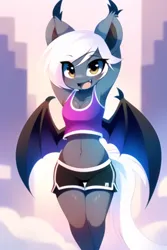 Size: 768x1152 | Tagged: suggestive, derpibooru import, editor:flitter4935, machine learning generated, novelai, stable diffusion, oc, oc:misty inkblot, anthro, bat pony, adorable face, arm behind head, bat pony oc, bat wings, clothes, cute, ear fluff, female, happy, image, looking at you, midriff, png, shorts, smiling, smiling at you, solo, solo female, sports bra, wings