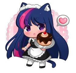 Size: 3744x3614 | Tagged: safe, artist:kittyrosie, derpibooru import, twilight sparkle, cat, human, abstract background, apron, blue hair, blushing, cake, catgirl, clothes, cute, ear fluff, fangs, floating heart, food, heart, high res, hime cut, humanized, image, light skin, long hair, looking at you, looking forward, maid, multicolored hair, open mouth, pink hair, png, purple hair, redraw, shoes, signature, simple background, skirt, solo, tail, tailed humanization, twiabetes
