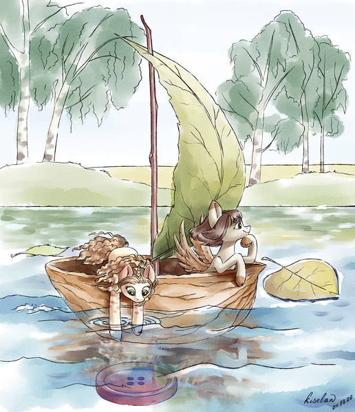 Size: 2975x3457 | Tagged: safe, artist:kiselan, derpibooru import, oc, unofficial characters only, pegasus, pony, unicorn, boat, button, image, jpeg, leaf, micro, river, tiny, tree, water