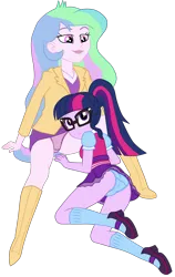 Size: 2500x3959 | Tagged: suggestive, artist:gmaplay, derpibooru import, princess celestia, sci-twi, twilight sparkle, equestria girls, blue underwear, butt, clothes, image, png, principal celestia, purple underwear, sci-twi outfits, sci-twibutt, solo, underwear