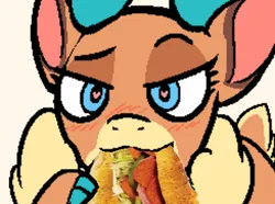 Size: 488x364 | Tagged: safe, derpibooru import, velvet reindeer, deer, reindeer, them's fightin' herds, banned from foenum, community related, eating, eyebrows, female, food, heart, heart eyes, image, looking at you, not porn, png, raised eyebrow, sandwich, sandwich censorship, solo, wingding eyes