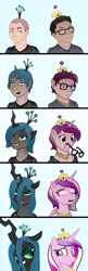 Size: 1720x5298 | Tagged: safe, artist:axiomtf, artist:zeydaan, derpibooru import, princess cadance, queen chrysalis, alicorn, changeling, changeling queen, human, pony, art shift, brainwashing, clothes, crown, female, hair growth, human to pony, hypnosis, image, jewelry, png, regalia, shirt, show accurate, t-shirt, transformation, transformation sequence, transgender transformation