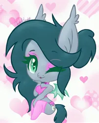 Size: 2785x3445 | Tagged: suggestive, artist:chubbehbunneh16, derpibooru import, oc, oc:midnight melody, unofficial characters only, anthro, bat pony, unguligrade anthro, bat pony oc, bat wings, chibi, choker, clothes, eyeshadow, heart, heart eyes, image, jpeg, lingerie, looking at you, makeup, one eye closed, simple background, socks, thigh highs, wingding eyes, wings, wink, winking at you