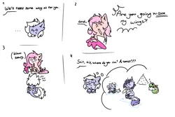 Size: 6000x4000 | Tagged: safe, artist:notthebadguy, derpibooru import, oc, oc:dawn daydream, oc:midnight sacrament, unnamed oc, unofficial characters only, original species, 4 panel comic, antlers, behaving like a dog, blushing, comic, derpibooru exclusive, image, leonine tail, mouth hold, paper, pencil, png, puddle, rain, simple background, sitting, sketch, spread wings, tail, vulgar, wet, wet mane, white background, wing hands, wing oil, wings