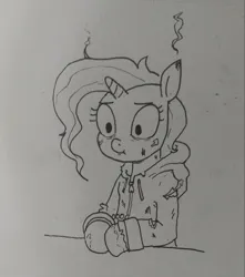 Size: 1811x2048 | Tagged: safe, artist:pony quarantine, derpibooru import, trixie, pony, unicorn, clothes, cuffs, female, grayscale, hoodie, image, jpeg, mare, monochrome, pencil drawing, singed, smoke, solo, traditional art