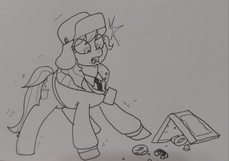 Size: 2048x1441 | Tagged: safe, artist:pony quarantine, derpibooru import, march gustysnows, earth pony, pony, clothes, donut, female, food, grayscale, hat, image, jacket, jpeg, looking down, mare, monochrome, necktie, open mouth, pencil drawing, shocked, solo, the horror, traditional art