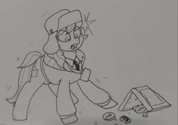 Size: 2048x1441 | Tagged: safe, artist:pony quarantine, derpibooru import, march gustysnows, earth pony, pony, clothes, donut, female, food, grayscale, hat, image, jacket, jpeg, looking down, mare, monochrome, necktie, open mouth, pencil drawing, shocked, solo, the horror, traditional art