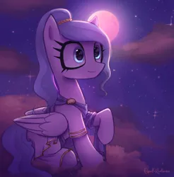 Size: 2240x2272 | Tagged: safe, artist:opal_radiance, derpibooru import, oc, oc:opal rosamond, pegasus, pony, ancient cloudsdale, clothes, cloud, eyelashes, folded wings, greek, image, moon, night, night sky, on a cloud, png, raised hoof, signature, sitting, sitting on cloud, sky, solo, starry sky, wings