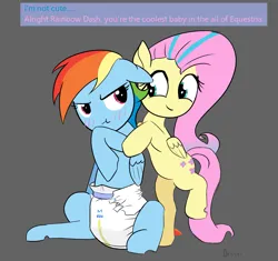 Size: 1735x1631 | Tagged: suggestive, artist:drasill, derpibooru import, fluttershy, rainbow dash, pegasus, pony, abdl, alternate hairstyle, bipedal, blushing, diaper, diaper fetish, duo, duo female, embarrassed, female, fetish, image, non-baby in diaper, png, pouting, raised leg, simple background, smiling, text