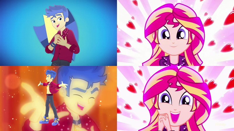 Size: 1534x860 | Tagged: safe, derpibooru import, edit, edited screencap, screencap, flash sentry, sunset shimmer, cheer you on, eqg summertime shorts, equestria girls, equestria girls series, pet project, spoiler:eqg series (season 2), clothes, cutie mark, female, flashimmer, heart, image, male, open clothes, open shirt, png, shipping, shipping domino, smiling, straight, wristband