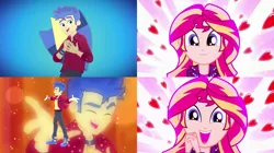 Size: 1534x860 | Tagged: safe, derpibooru import, edit, edited screencap, screencap, flash sentry, sunset shimmer, cheer you on, eqg summertime shorts, equestria girls, equestria girls series, pet project, spoiler:eqg series (season 2), clothes, cutie mark, female, flashimmer, heart, image, male, open clothes, open shirt, png, shipping, shipping domino, smiling, straight, wristband