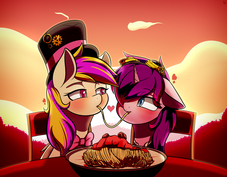 Size: 3000x2340 | Tagged: safe, artist:alexsc112, derpibooru import, oc, pegasus, pony, unicorn, commission, food, image, pasta, png, spaghetti