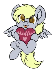 Size: 1228x1620 | Tagged: safe, artist:rokosmith26, derpibooru import, derpy hooves, pegasus, pony, :p, big eyes, chibi, commission, cute, eye clipping through hair, female, front view, heart, hearts and hooves day, holding, holiday, image, looking at you, mare, png, simple background, smiling, smiling at you, solo, spread wings, tongue out, transparent background, underhoof, valentine's day, wings, ych example, yellow eyes, your character here