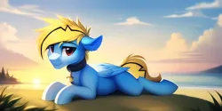 Size: 4096x2048 | Tagged: safe, derpibooru import, machine learning generated, oc, oc:thunder lightning, unofficial characters only, pegasus, pony, collar, image, lying down, male, pegasus oc, png, solo, sunset, water, wings