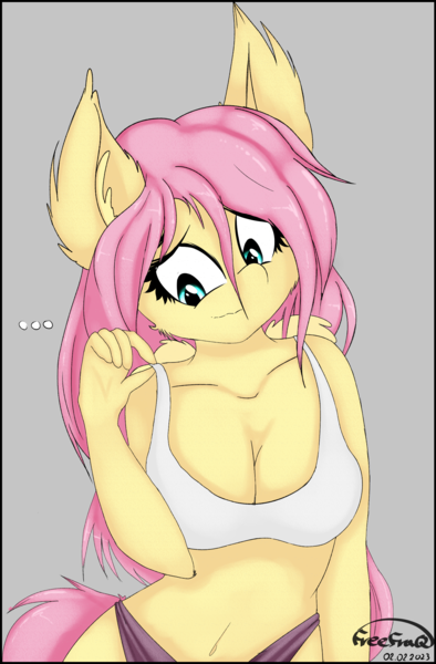 Size: 1633x2489 | Tagged: suggestive, artist:freefraq, derpibooru import, fluttershy, anthro, big breasts, bra, breasts, busty fluttershy, cleavage, clothes, female, image, panties, png, solo, solo female, underwear