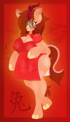 Size: 1280x2225 | Tagged: safe, artist:isaac_pony, derpibooru import, oc, oc:blazing smart, anthro, kirin, arm hooves, breasts, butt, cheongsam, chinese new year, chinese text, clothes, dress, female, flower, glasses, huge butt, image, large butt, looking at you, lunar new year, milf, moon runes, open mouth, open smile, png, smiling, smiling at you, solo, solo female, tail, year of the rabbit