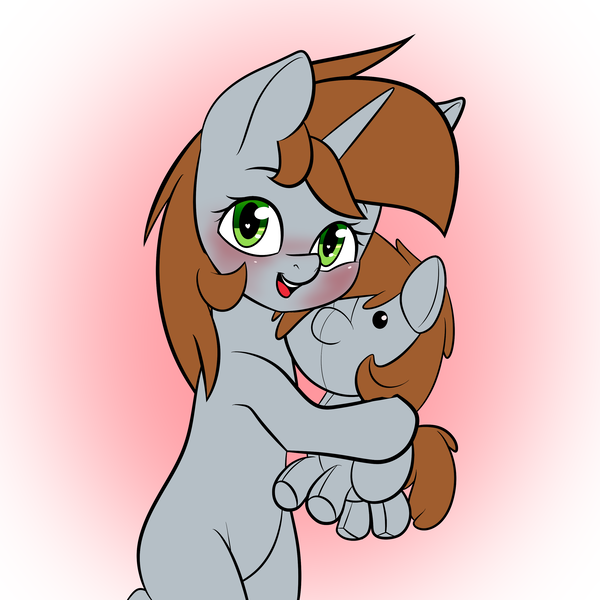 Size: 3000x3000 | Tagged: safe, artist:alexsc112, derpibooru import, oc, oc:littlepip, unofficial characters only, pony, unicorn, fallout equestria, blank flank, blushing, brown mane, brown tail, cute, duality, female, gradient background, green eyes, holding, horn, hug, image, looking at you, mare, missing cutie mark, ocbetes, pipabetes, plushie, png, simple background, smiling, smiling at you, tail