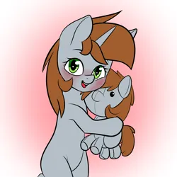 Size: 3000x3000 | Tagged: safe, artist:alexsc112, derpibooru import, oc, oc:littlepip, unofficial characters only, pony, unicorn, fallout equestria, blank flank, blushing, brown mane, brown tail, cute, duality, female, gradient background, green eyes, holding, horn, hug, image, looking at you, mare, missing cutie mark, ocbetes, pipabetes, plushie, png, simple background, smiling, smiling at you, tail