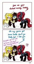 Size: 928x1760 | Tagged: safe, artist:lou, derpibooru import, oc, oc:candice, oc:jessi-ka, oc:trish, unofficial characters only, earth pony, pony, blushing, bully, bullying, clothes, comic, dialogue, earth pony oc, exclamation point, eyeshadow, female, floating heart, heart, image, interrobang, jpeg, lesbian, makeup, mare, question mark, simple background, socks, white background