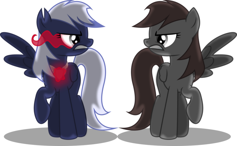 Size: 1024x634 | Tagged: dead source, safe, artist:theshadowstone, derpibooru import, oc, oc:onyx penumbra, oc:shadowstone, original species, pegasus, pony, alternate color palette, amulet, angry, brown eyes, brown mane, brown tail, death stare, duality, duo, duo female, eye mist, female, glare, glow, gray eyes, gritted teeth, image, jewelry, looking at each other, looking at someone, mare, mirrored, one wing out, pegasus oc, pendant, png, raised hoof, shading, shadow, simple background, staring contest, tail, teeth, transparent background, two toned mane, umbra pony, vector, white mane, white tail, wings