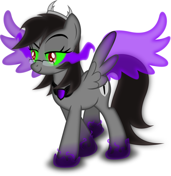 Size: 1024x1055 | Tagged: dead source, safe, artist:theshadowstone, derpibooru import, oc, oc:shadowstone, pegasus, pony, amulet, artificial wings, augmented, brown mane, brown tail, corrupted, crown, eye mist, eyebrows, female, green sclera, image, jewelry, lidded eyes, looking at something, magic, magic wings, mare, pegasus oc, png, raised eyebrow, red eyes, red pupils, regalia, shield, simple background, sinister smile, smiling, smoke, sombra eyes, spread wings, tail, transparent background, wings