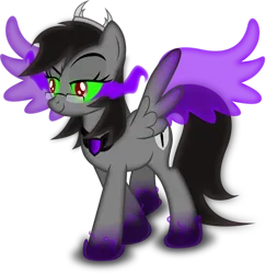 Size: 1024x1055 | Tagged: dead source, safe, artist:theshadowstone, derpibooru import, oc, oc:shadowstone, pegasus, pony, amulet, artificial wings, augmented, brown mane, brown tail, corrupted, crown, eye mist, eyebrows, female, green sclera, image, jewelry, lidded eyes, looking at something, magic, magic wings, mare, pegasus oc, png, raised eyebrow, red eyes, red pupils, regalia, shield, simple background, sinister smile, smiling, smoke, sombra eyes, spread wings, tail, transparent background, wings