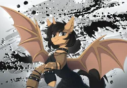 Size: 2160x1492 | Tagged: safe, artist:strafe blitz, derpibooru import, oc, unofficial characters only, bat pony, demon, demon pony, original species, pony, abstract background, cel shading, choker, clothes, colored, ear piercing, eyebrows, eyebrows visible through hair, fishnet clothing, gray eyes, horn, horn ring, image, jewelry, jpeg, looking at you, low angle, necklace, piercing, rearing, ring, shading, skull, slim, smiling, smiling at you, solo, spread wings, thin, wings