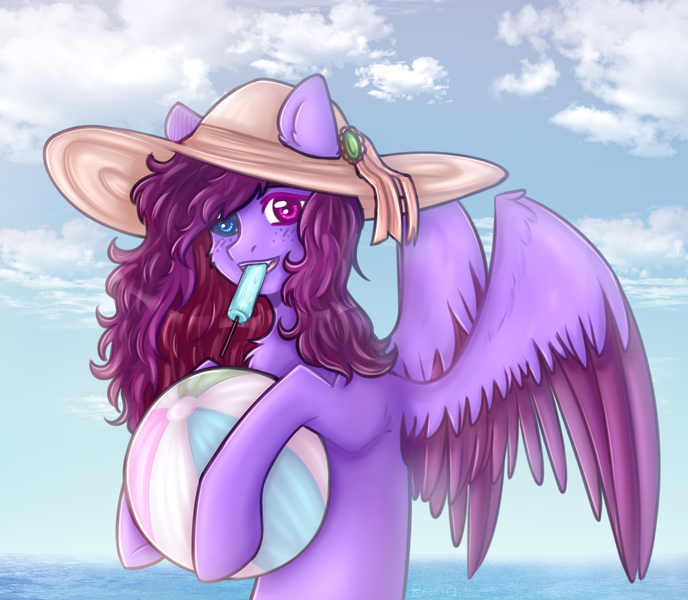 Size: 1367x1193 | Tagged: artist needed, safe, derpibooru import, oc, oc:veen, pegasus, beach ball, food, heterochromia, image, pegasus oc, png, popsicle, solo, wings