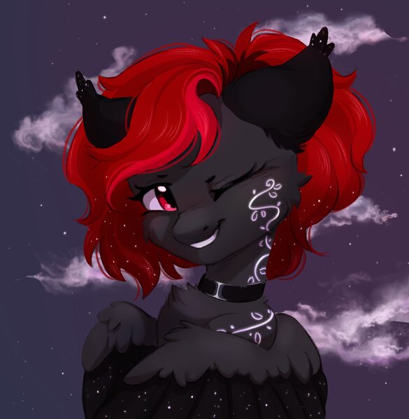 Size: 2813x2883 | Tagged: safe, artist:melodylibris, derpibooru import, oc, oc:juliasunlight, unofficial characters only, pegasus, pony, bust, choker, grin, image, jpeg, one eye closed, smiling, solo, starry wings, wings