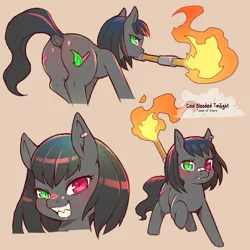 Size: 1200x1200 | Tagged: suggestive, artist:cold-blooded-twilight, derpibooru import, oc, oc:blazing saddles, pony, dock, female, filly, foal, heterochromia, image, piercing, png, raised tail, sharp teeth, slit pupils, tail, teeth, torch