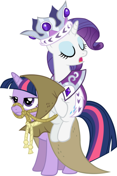 Size: 3801x5694 | Tagged: safe, artist:scrimpeh, derpibooru import, clover the clever, princess platinum, rarity, twilight sparkle, pony, unicorn, blue eyeshadow, bridle, cloak, clothes, crown, duo, eyes closed, eyeshadow, female, hood, image, jewelry, looking forward, makeup, mare, multicolored mane, multicolored tail, open mouth, png, ponies riding ponies, purple coat, purple eyes, purple mane, regalia, riding, simple background, tack, transparent background, unamused, unicorn twilight, white coat