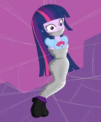 Size: 3300x4000 | Tagged: safe, artist:gregory-gid-did, derpibooru import, twilight sparkle, human, equestria girls, bondage, bound and gagged, cocoon, damsel in distress, female, gag, high res, image, mummification, png, purple background, simple background, solo, spider web, tied up