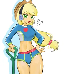 Size: 717x826 | Tagged: safe, artist:rainbom__1122, derpibooru import, applejack, equestria girls, belly button, clothes, image, jpeg, metal detector, midriff, swimsuit