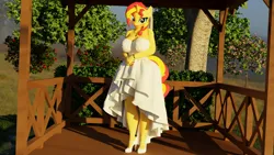 Size: 5760x3240 | Tagged: safe, artist:pyp, sunset shimmer, anthro, 3d, blender, blender cycles, bride, clothes, dress, gazebo, image, png, wedding dress