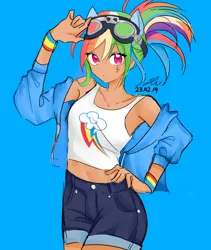 Size: 705x835 | Tagged: safe, artist:rainbom__1122, derpibooru import, kotobukiya, rainbow dash, human, belly button, clothes, humanized, image, jacket, jpeg, kotobukiya rainbow dash, midriff, shorts, tan skin