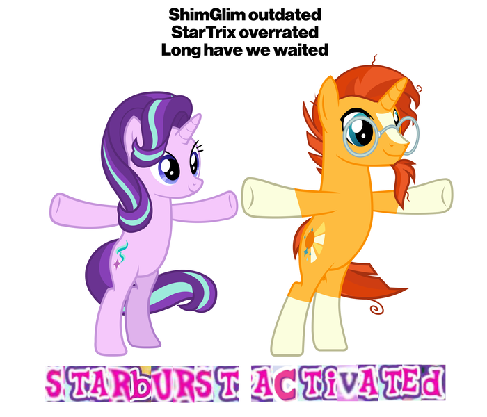 Size: 4677x4011 | Tagged: safe, artist:duskyzombie, derpibooru import, starlight glimmer, sunburst, pony, unicorn, female, glasses, image, male, mare, meme, png, rhyme, shipping, shitposting, stallion, starburst, straight, t pose, wow! glimmer