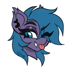 Size: 2000x2000 | Tagged: safe, artist:sickly-sour, derpibooru import, oc, oc:belfry towers, unofficial characters only, bat pony, pony, bat pony oc, bat wings, bust, ear piercing, earring, eye clipping through hair, eyebrows, eyebrows visible through hair, fangs, image, jewelry, one eye closed, piercing, png, portrait, simple background, solo, white background, wings, wink