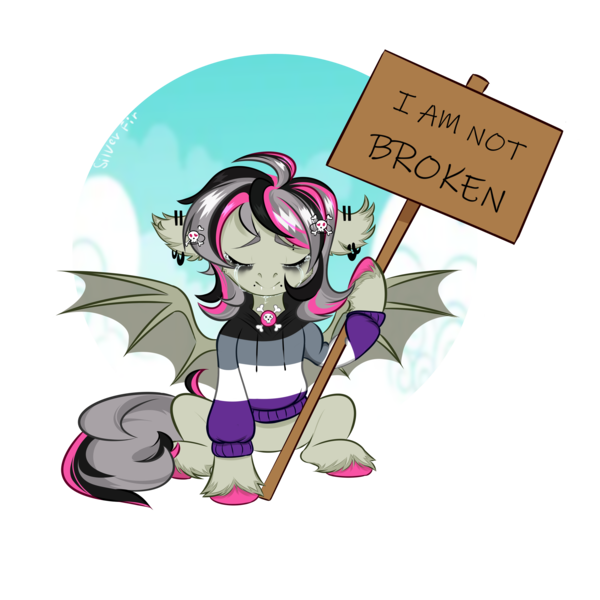 Size: 4000x4000 | Tagged: safe, artist:silverfir, derpibooru import, oc, oc:gravel shine, bat pony, pony, abstract background, asexual pride flag, bat pony oc, bat wings, choker, clothes, collar, crying, ear fluff, ear piercing, earring, eyes closed, floppy ears, hoof fluff, hooves, image, jewelry, piercing, png, pride, pride flag, raised hoof, simple background, sitting, solo, spread wings, sweater, tears of joy, transparent background, wings