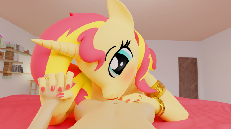 Size: 5760x3240 | Tagged: explicit, alternate angle, alternate version, artist:pyp, banned from derpibooru, part of a set, twibooru exclusive, sunset shimmer, anthro, plantigrade anthro, unicorn, 3d, age difference, armlet, blender, blender cycles, blowjob, blushing, bracelet, breasts, child, clothes, deepthroat, holding hands, image, jewelry, lingerie, lipstick, looking at you, male, male pov, nail polish, necklace, nudity, offscreen character, on back, oral, penis, png, pov, ring, sex, shotacon, small penis, straight, straight shota, underage