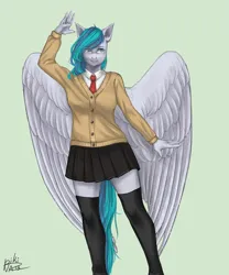 Size: 3000x3600 | Tagged: safe, artist:p i k i n a s 13, derpibooru import, oc, oc:vinyl dask, anthro, pegasus, clothes, glasses, image, png, school uniform, skirt, socks, solo, stockings, thigh highs, wings