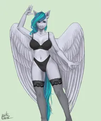 Size: 3000x3600 | Tagged: suggestive, artist:p i k i n a s 13, derpibooru import, oc, oc:vinyl dask, anthro, pegasus, bra, clothes, image, panties, png, socks, solo, stockings, thigh highs, underwear, wings
