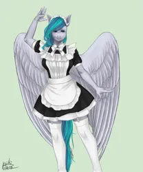 Size: 3000x3600 | Tagged: safe, artist:p i k i n a s 13, derpibooru import, oc, oc:vinyl dask, anthro, pegasus, pony, clothes, female, image, maid, maid headdress, mare, png, socks, solo, stockings, thigh highs, uniform