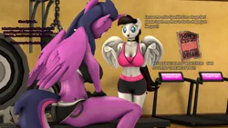 Size: 3840x2160 | Tagged: suggestive, artist:nightmarezoroark, derpibooru import, oc, oc:midnight harmony, oc:midnight sparkle, alicorn, anthro, pegasus, 3d, clothes, gym, image, png, shorts, size difference, source filmmaker, sports bra, sports shorts, sweat, weight lifting, weights