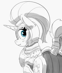 Size: 1794x2095 | Tagged: safe, artist:pabbley, derpibooru import, silver sable, pony, unicorn, armor, blushing, butt, dock, female, grayscale, guardsmare, image, jpeg, knight, looking at you, looking back, looking back at you, mare, monochrome, partial color, plot, royal guard, simple background, solo, tail, white background