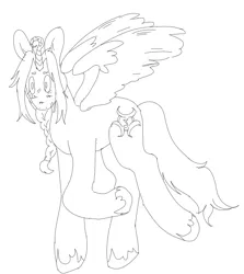 Size: 925x1038 | Tagged: safe, artist:maggot, derpibooru import, oc, unofficial characters only, alicorn, alicorn oc, black and white, grayscale, horn, image, looking at you, monochrome, open mouth, png, raised hoof, raised leg, simple background, solo, spread wings, unshorn fetlocks, white background, wings
